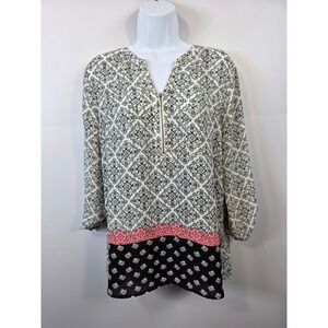 Maurices Womens Large Print Half Zip Roll Tab Sleeve Blouse White Black L